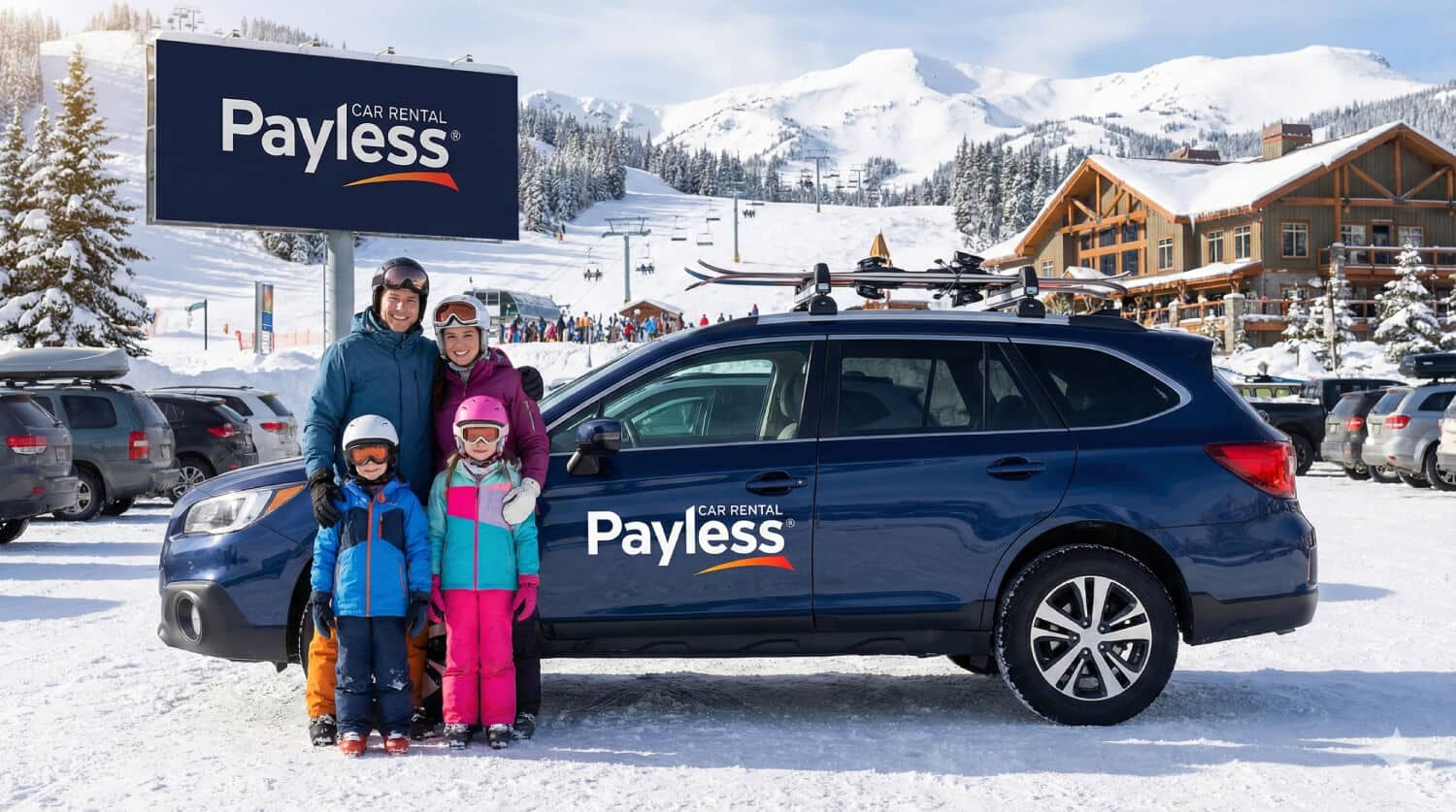 Rodina s prenajatým 4x4 SUV od PAYLESS pred zasneženým hotelom v horách.
